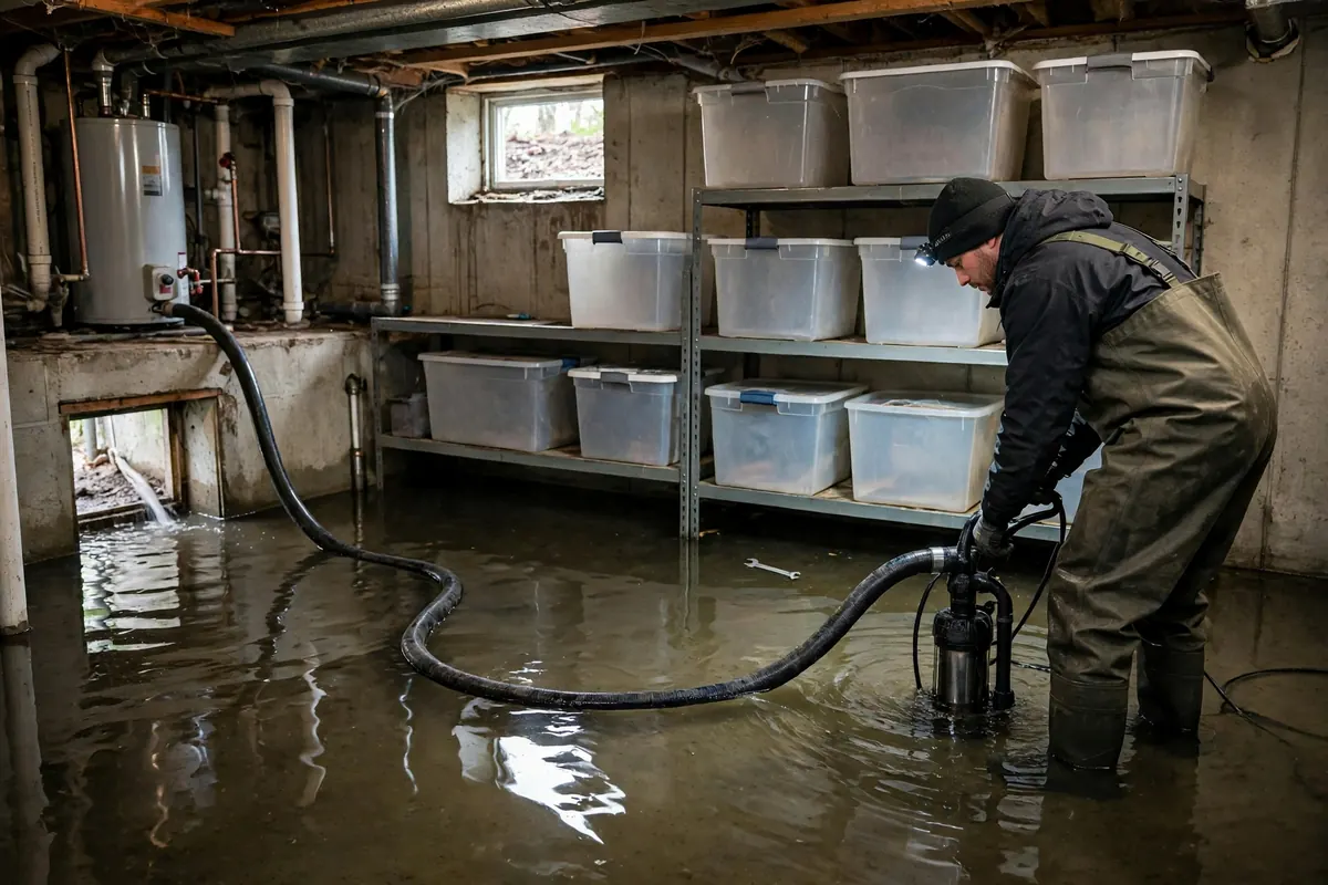 Basement water damage Nashville: a pump and extraction hose removing standing water from a flooded Nashville basement