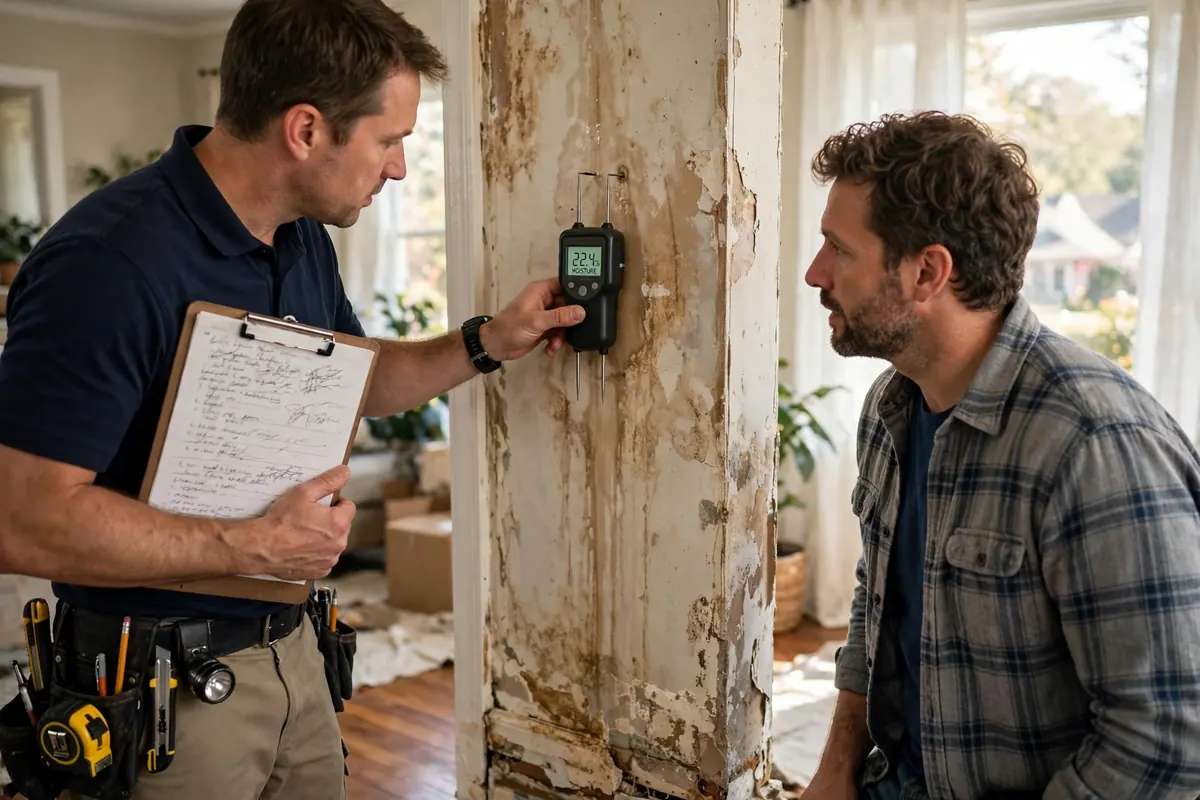Water damage restoration cost Nashville TN: a technician writing an itemized restoration scope beside a moisture meter in a Nashville home