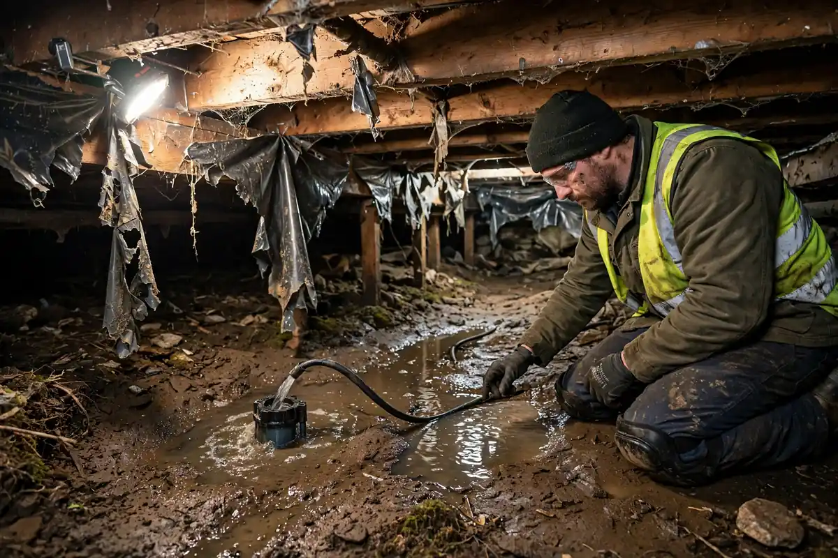 Crawl space water removal Nashville: a technician pumping standing water from beneath a Nashville home on a vented crawl space