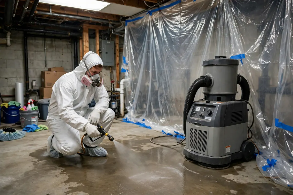 Sewage cleanup Nashville: a technician in protective gear removing contaminated material from a Nashville basement